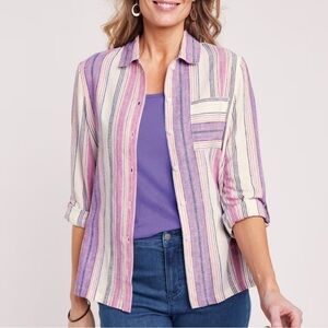 Blair Women’s Sz XL Linen Blend Striped Button Up Summer Shirt Top Blouse NWT